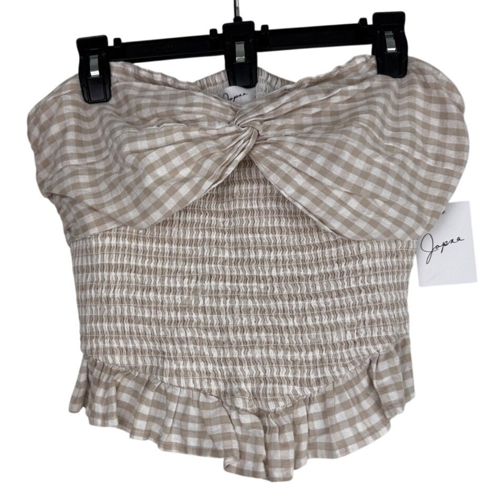 Japna Gingham Smocked Tube Top Tan White Bow Ruffle Hem Strapless Cotton Large
